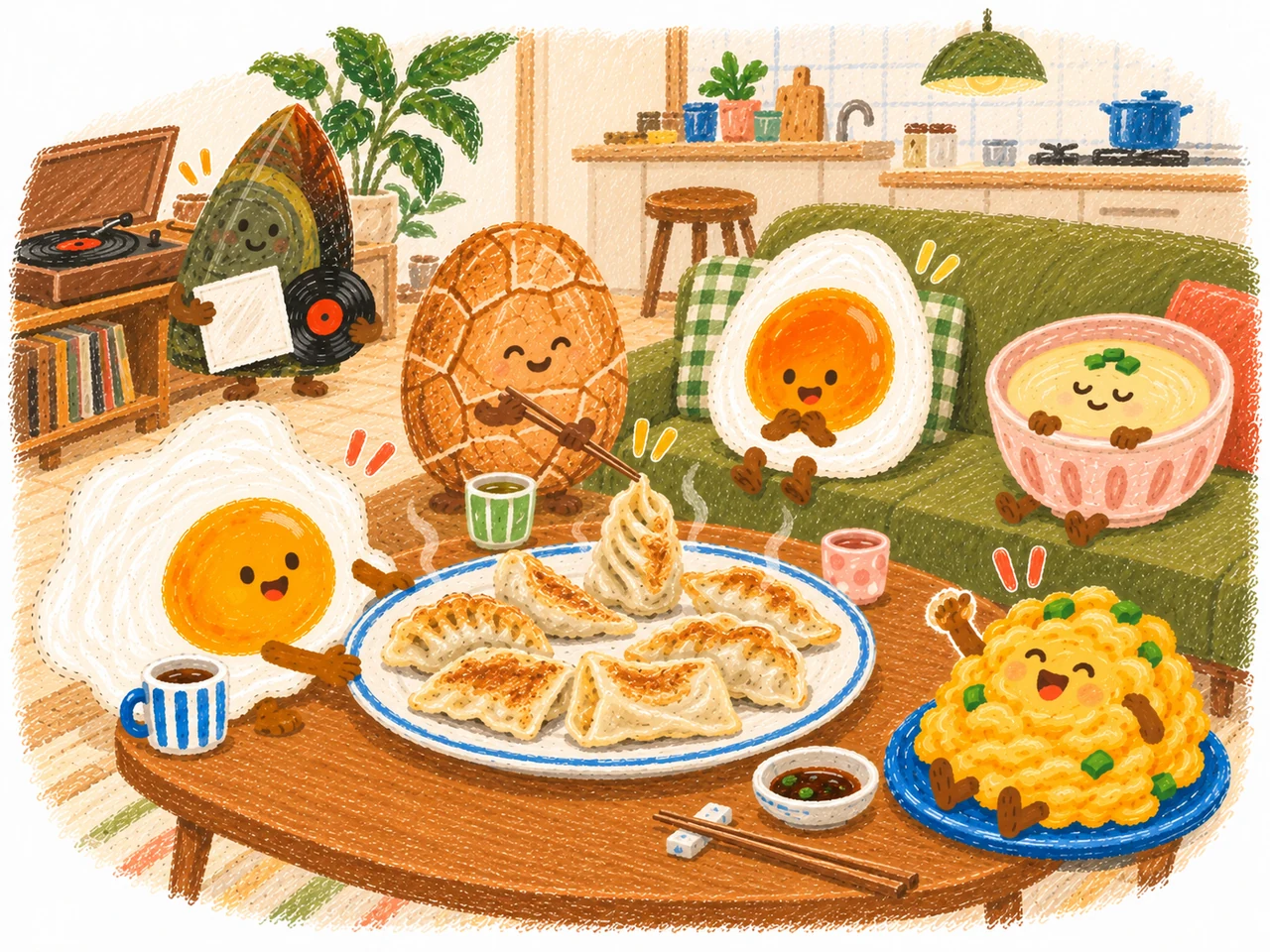 六顆蛋回到客廳，第一盤煎餃剛上桌。茶葉蛋用筷子指著中間站得筆挺的煎餃，荷包蛋把藍邊盤子推向你，溏心蛋和炒蛋笑了，蒸蛋與皮蛋也在旁邊。